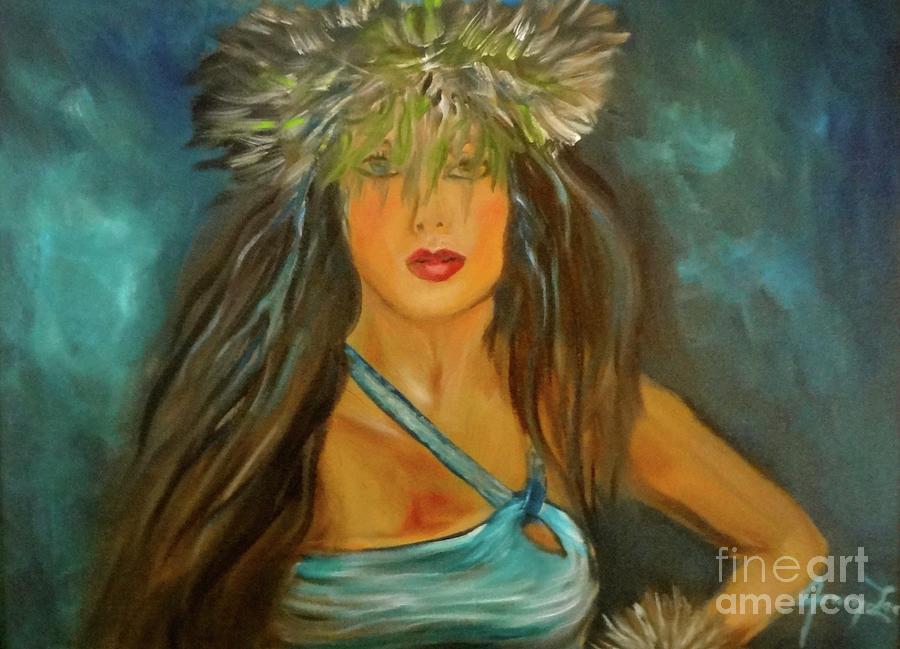 Hula Girl In Blue Painting by Jenny Lee