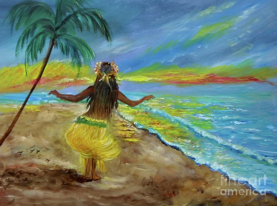 Hula on the Beach at Sunset Painting by Jenny Lee