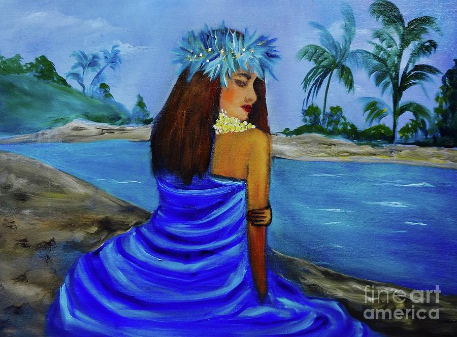 Hula on the Beach Blue Painting by Jenny Lee
