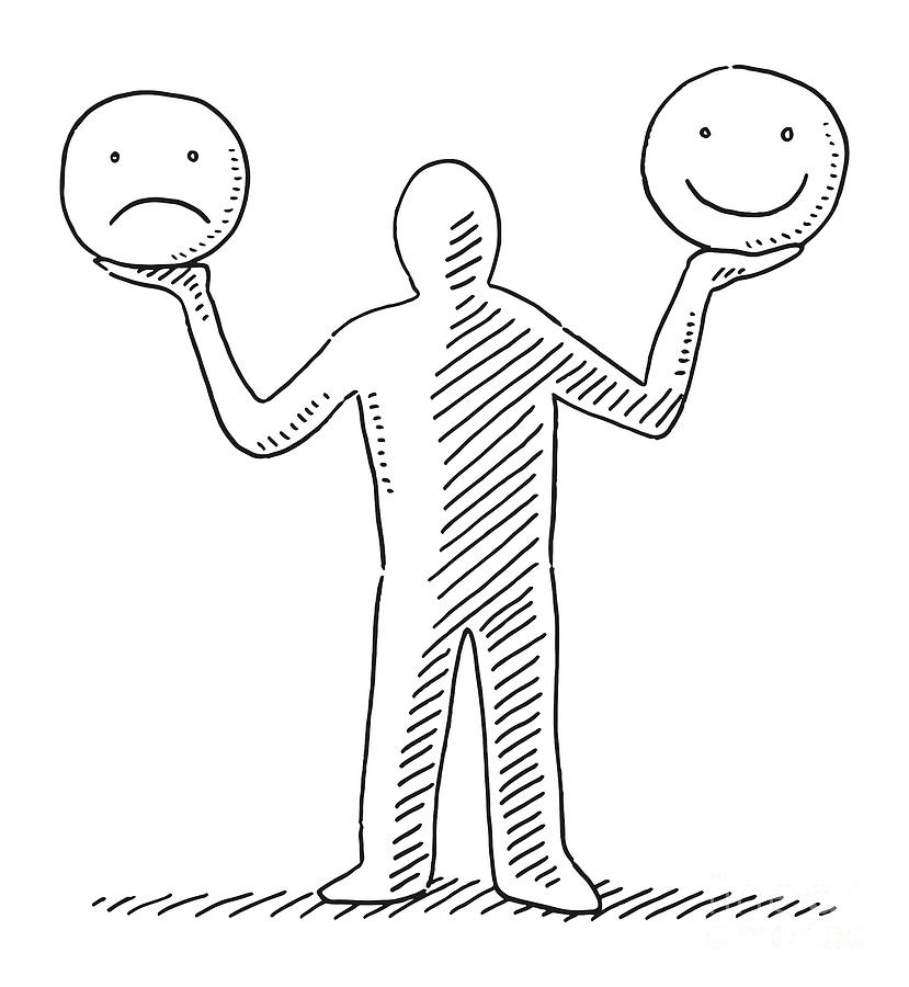 Black And White Drawing - Human Figure Holding Happy And Sad Smiley Faces Drawing by Frank Ramspott