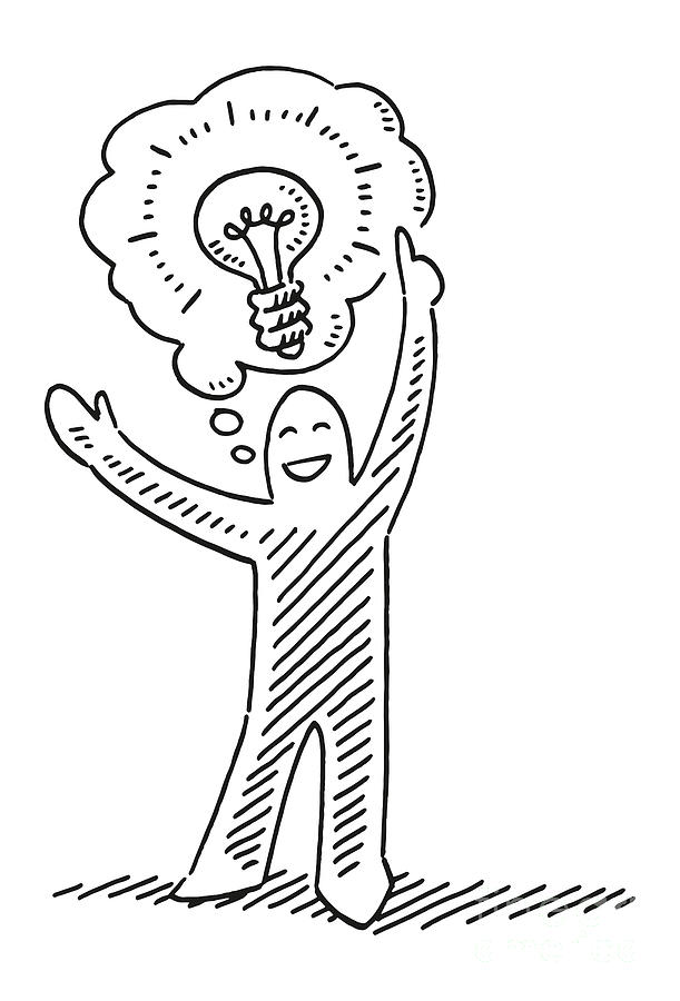 Black And White Drawing - Human Figure Idea Lightbulb Concept Drawing by Frank Ramspott