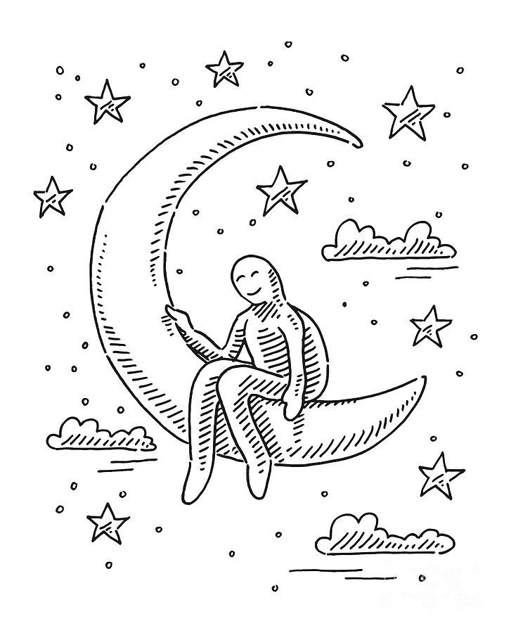 Black And White Drawing - Human Figure Sitting On The Moon At Night Drawing by Frank Ramspott