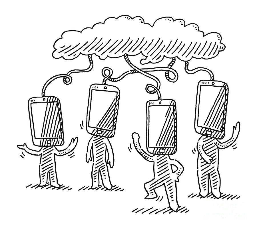 Human Figures With Smartphone Heads Wired To Cloud Drawing Drawing By Frank Ramspott Fine Art 