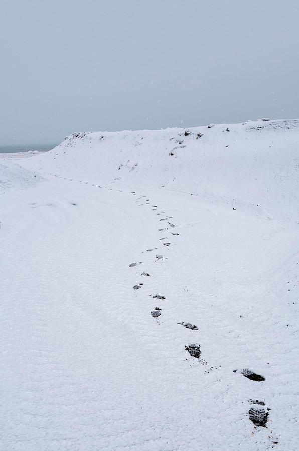 Human footprints on a snowy hill leading to the sea Photograph by Michalakis Ppalis