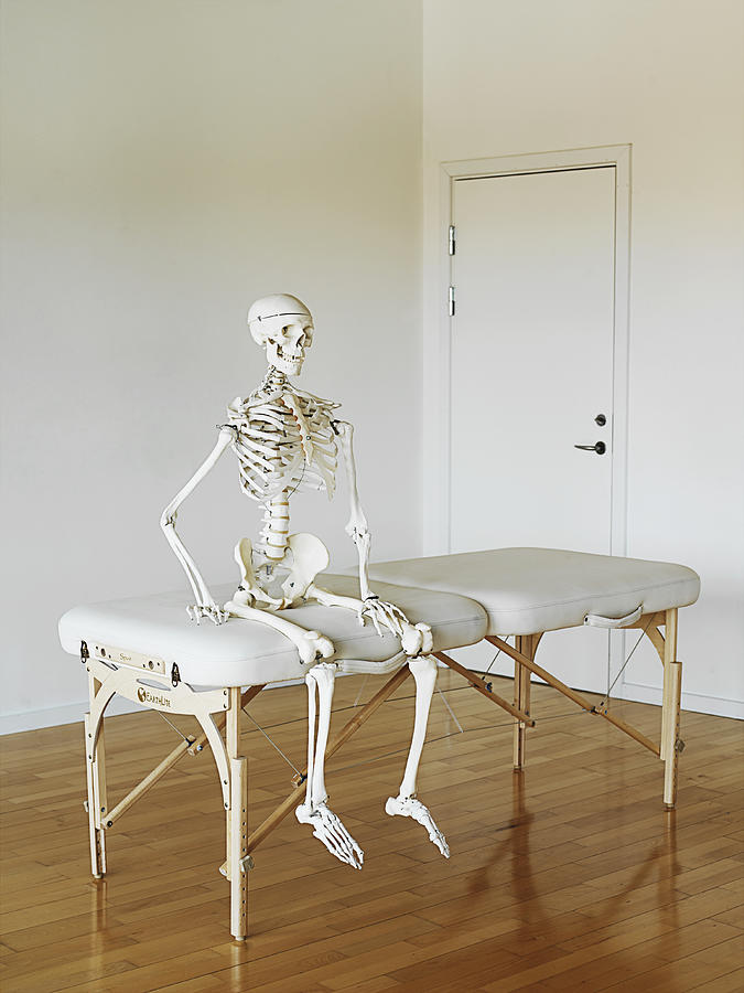 Human skeleton waiting at a clinic.   Photograph by David Trood
