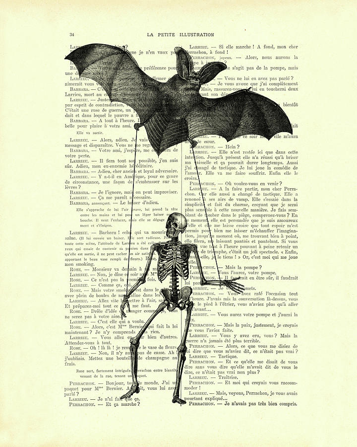 Halloween Mixed Media - Human skeleton with giant bat art by Madame Memento