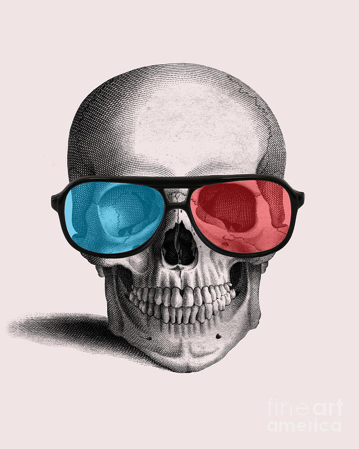 Halloween Movie Mixed Media - Human skull and 3d glasses by Madame Memento