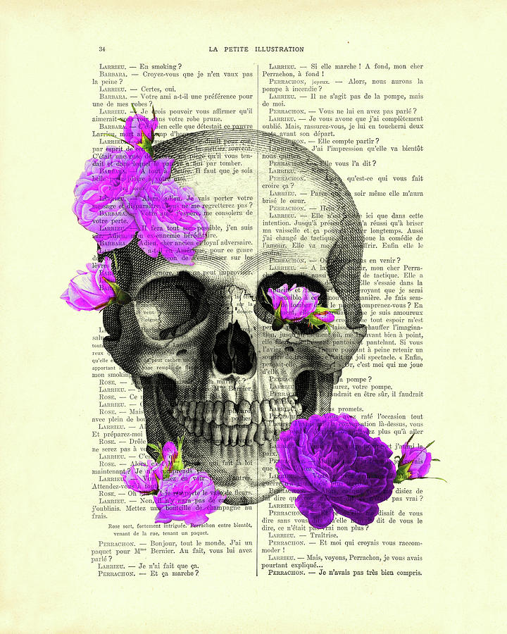 Human Skull And Purple Roses Digital Art by Madame Memento