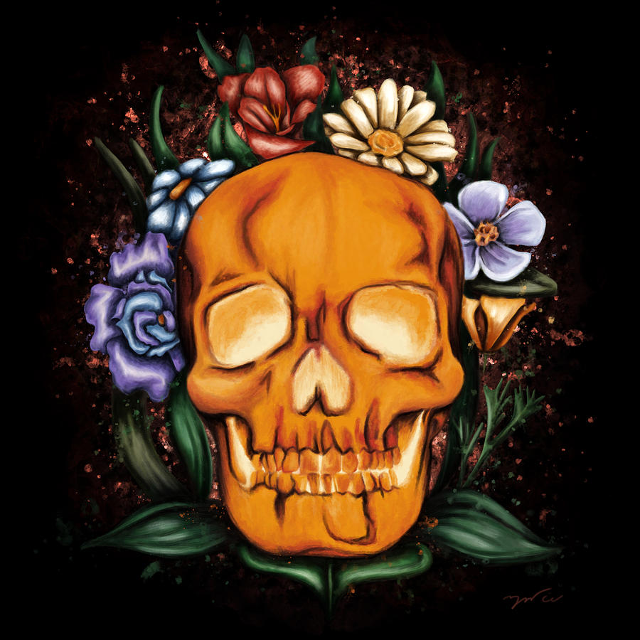 Human skull painting, Skull and flowers Painting by Nadia CHEVREL