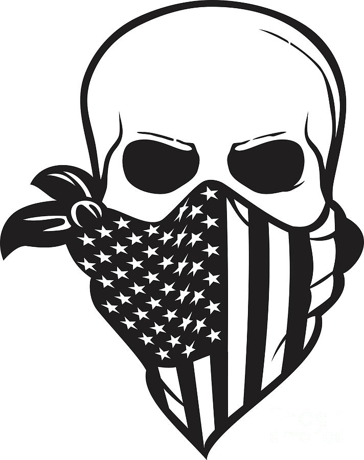 Human skull with American flag bandana black and white. Digital Art by ...