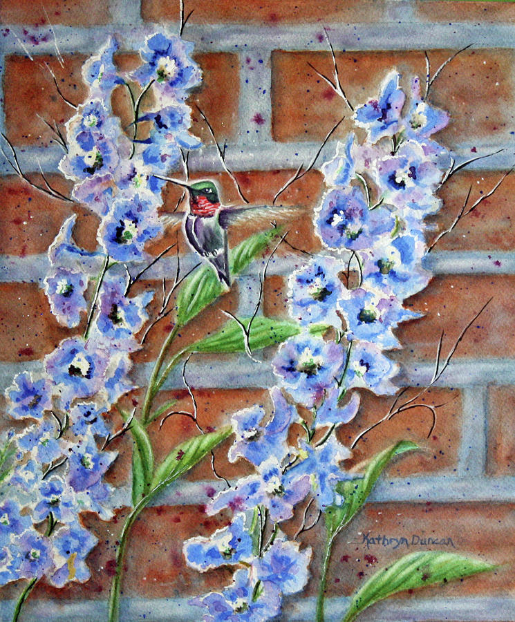 Hummingbird Painting - Hummer and Delphiniums by Kathryn Duncan