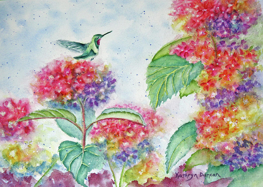 Hummer-Hydrangea Painting by Kathryn Duncan