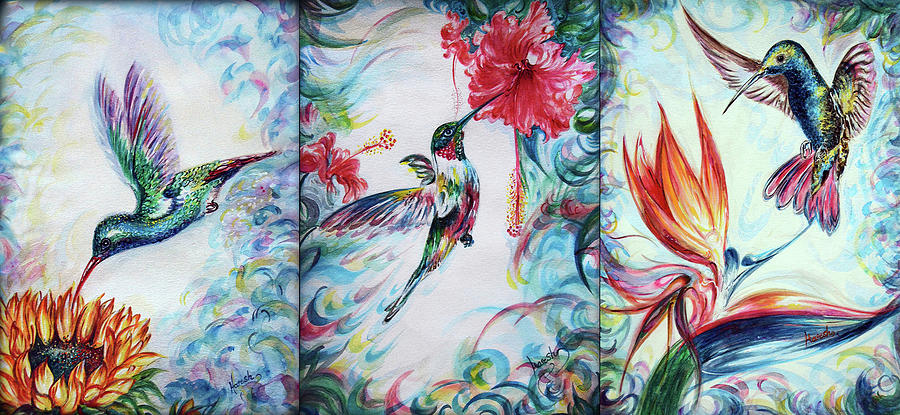 Hummimgbirds - trio jewel in nature  Painting by Harsh Malik