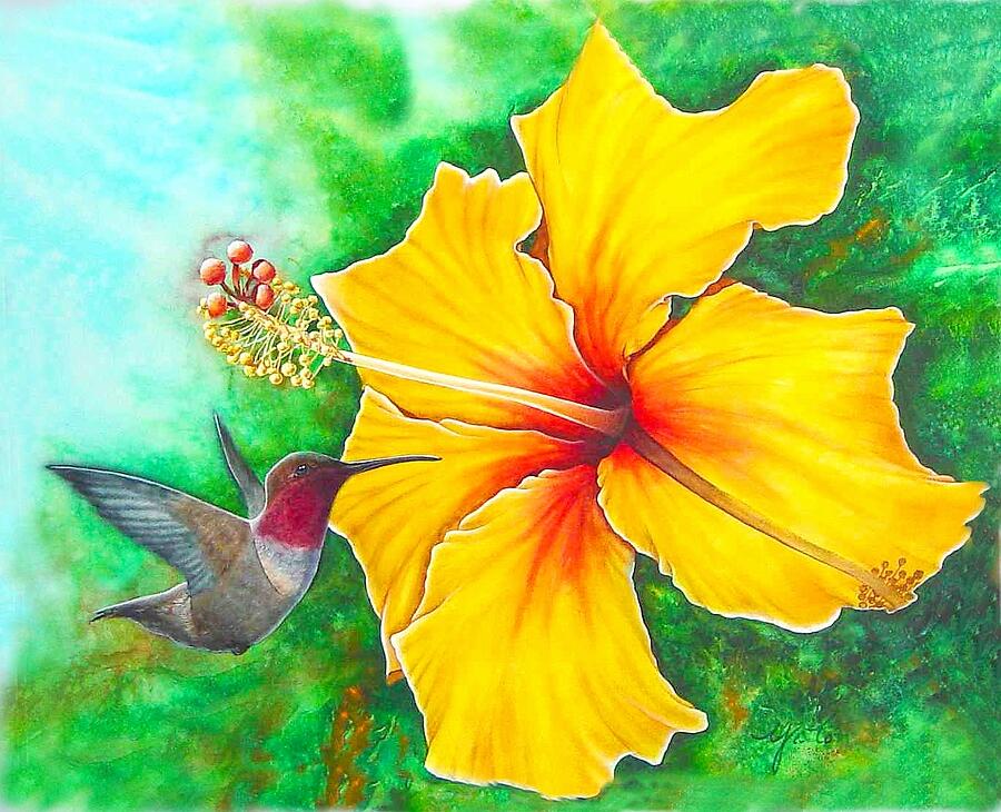 Humming Bird And Hibiscus Painting by John YATO