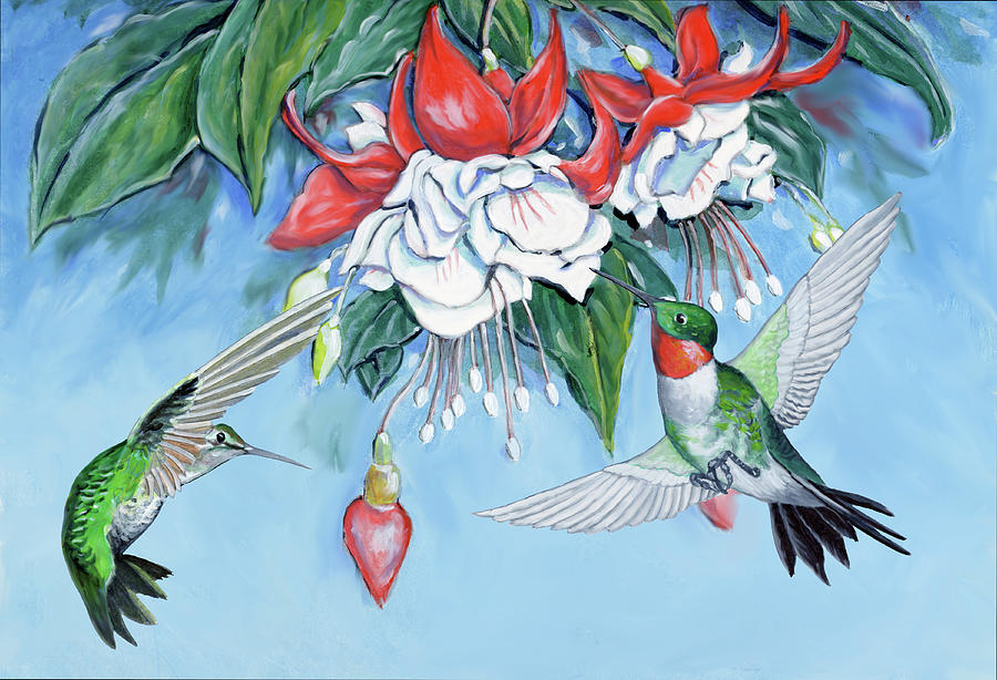 Hummingbird Painting - Humming Birds and Fuchsias  by Richard De Wolfe