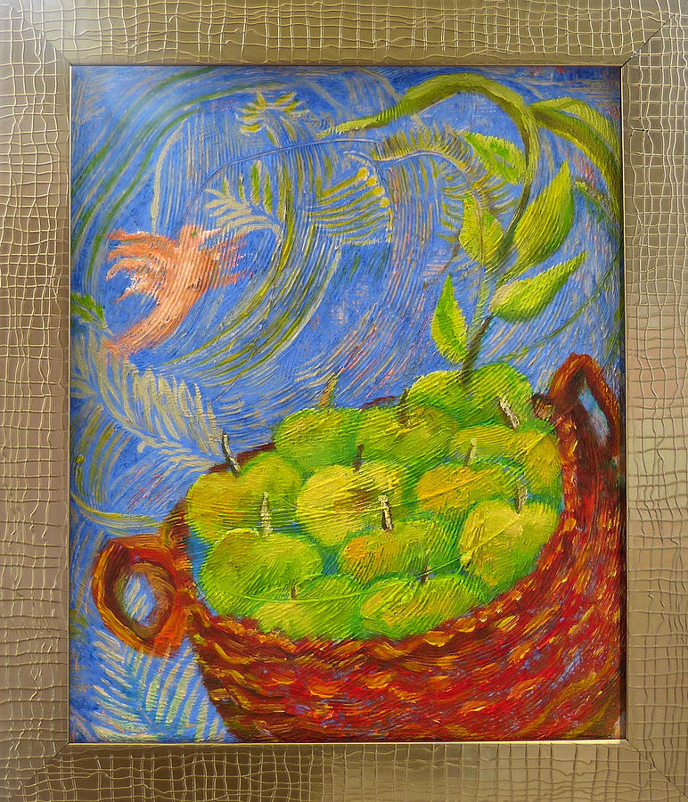 Hummingbird and a basket with apples Painting by Elzbieta Goszczycka