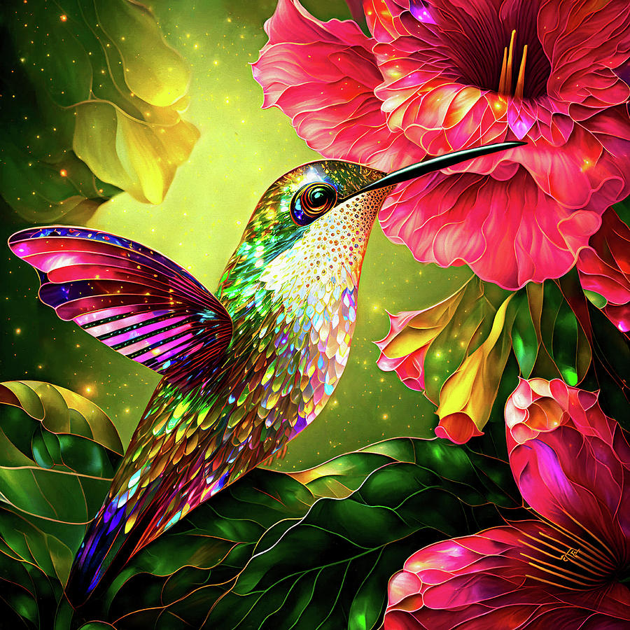 Hummingbird and Hibiscus Flowers Digital Art by Peggy Collins