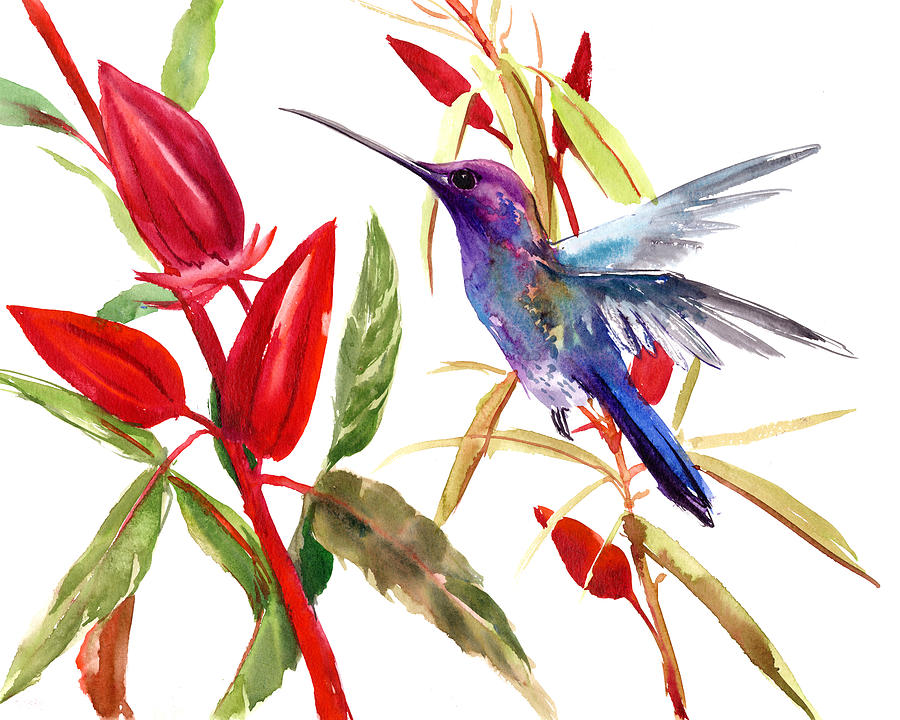 Hummingbird and Hibiscus Tea Flowers Painting by Suren Nersisyan