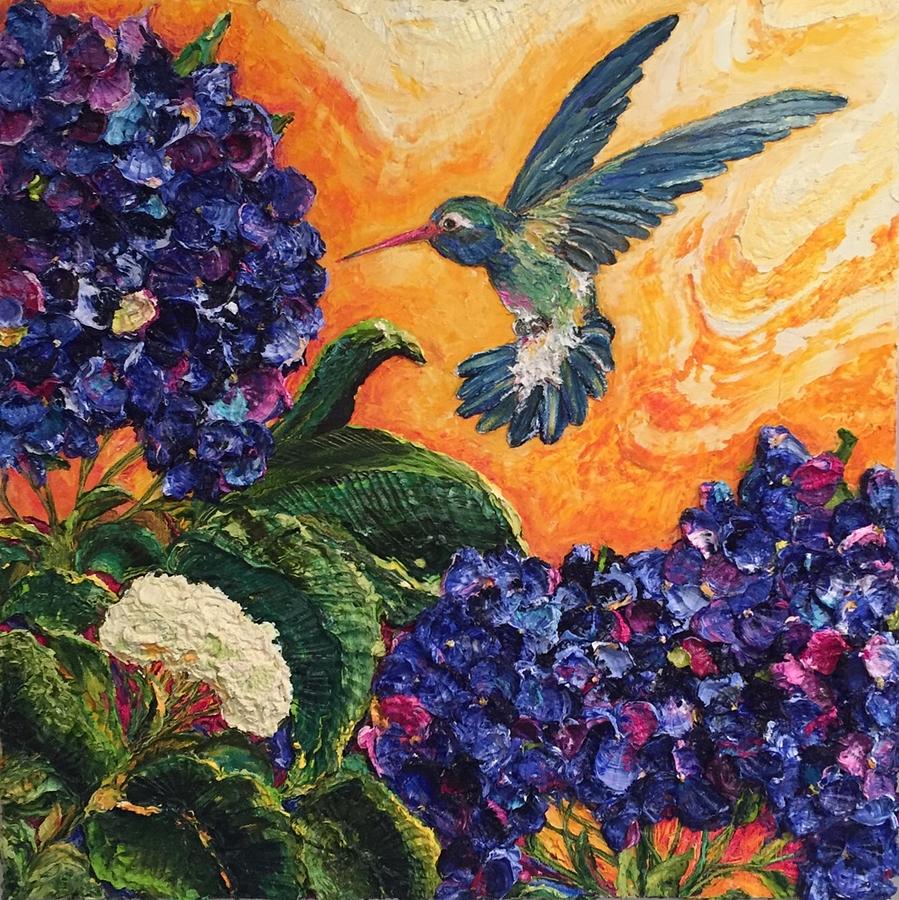 Hummingbird and Blue Hydrangea #1 Painting by Paris Wyatt Llanso