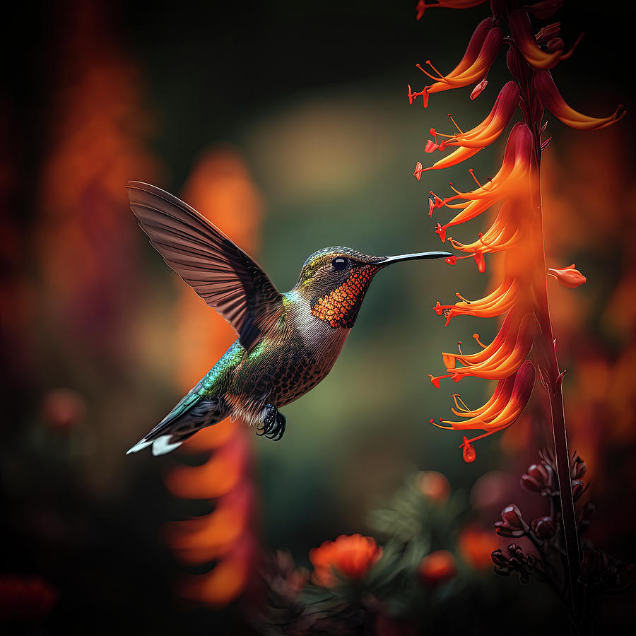 Hummingbird and Orange Flower Digital Art by Lily Malor