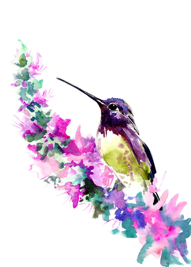 Hummingbird and Purple Flowers Painting by Suren Nersisyan