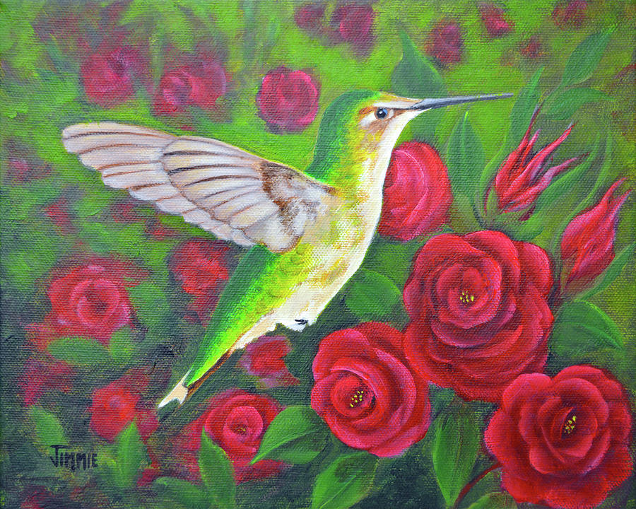 Hummingbird and Roses Painting by Jimmie Bartlett