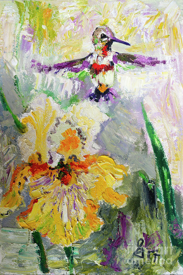 Hummingbird and Yellow Bearded Iris Summer Splendor Painting by Ginette Callaway
