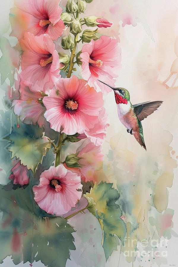 Hummingbird At The Hollyhock Painting by Tina LeCour
