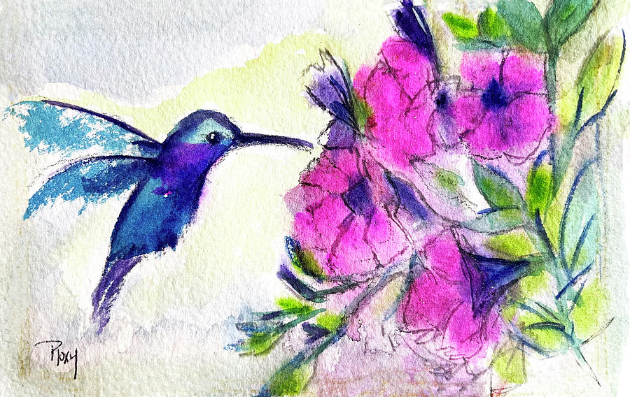 Hummingbird at the Pink Flowers Painting by Roxy Rich