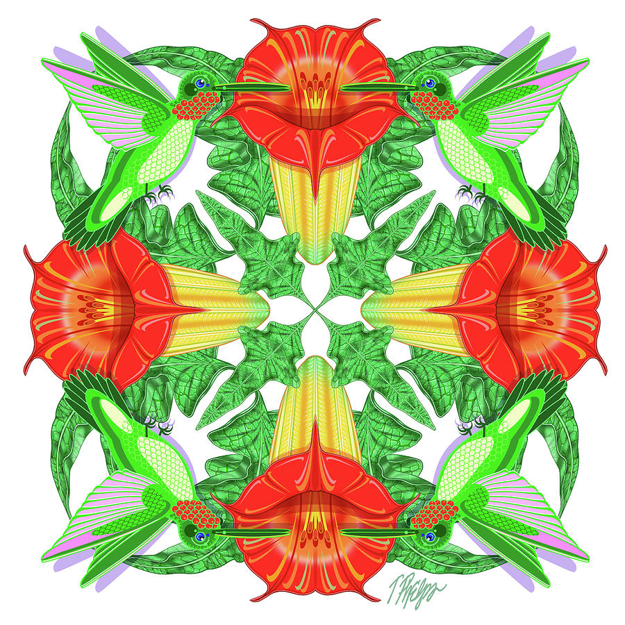 Hummingbird Brugmansia Flower Nature Mandala Digital Art by Tim Phelps