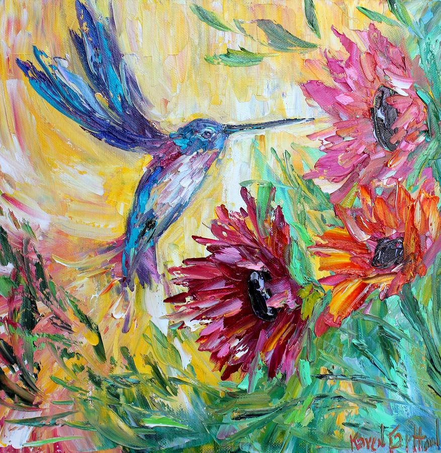 Hummingbird dance in the Garden Painting by Karen Tarlton