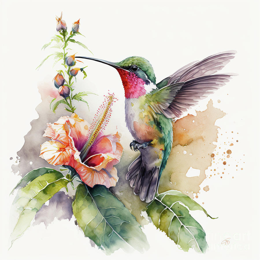 Hummingbird with Hibiscus Watercolor Digital Art by Digital Hue - Pixels