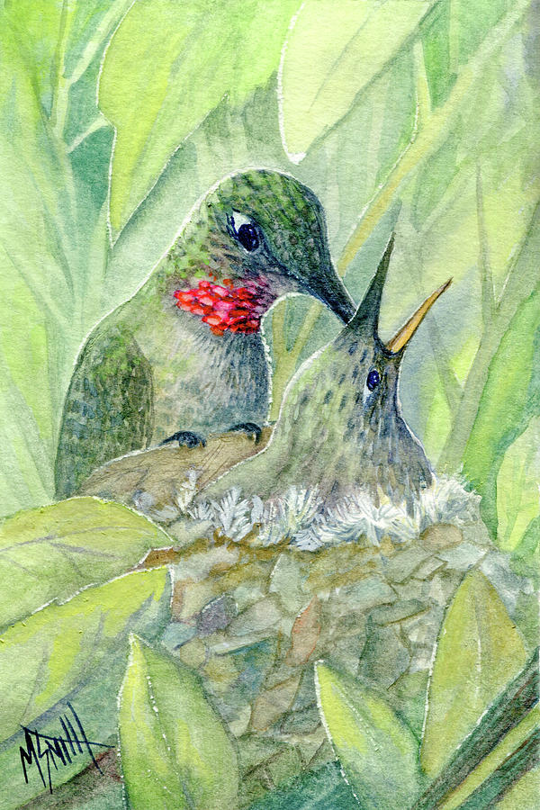 Hummingbird Feeding Baby Painting by Marilyn Smith