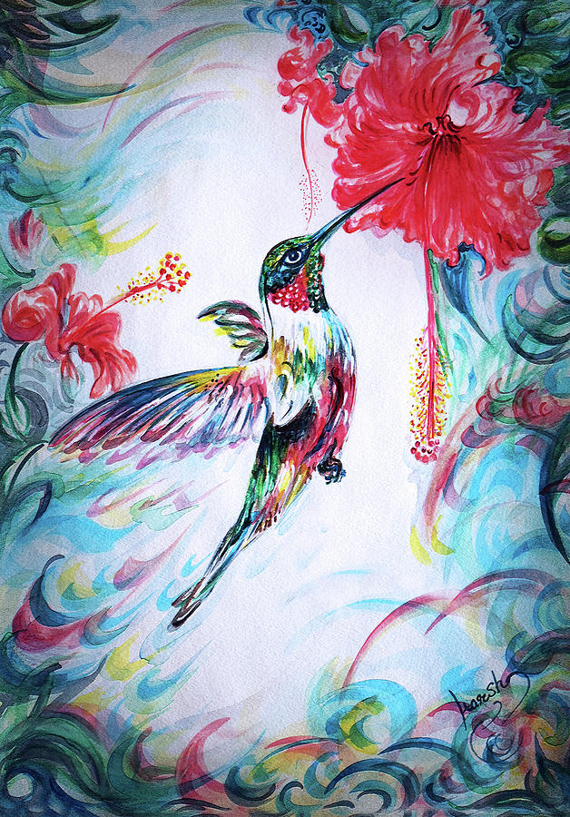 Hummingbird - feeding on hibiscus  Painting by Harsh Malik
