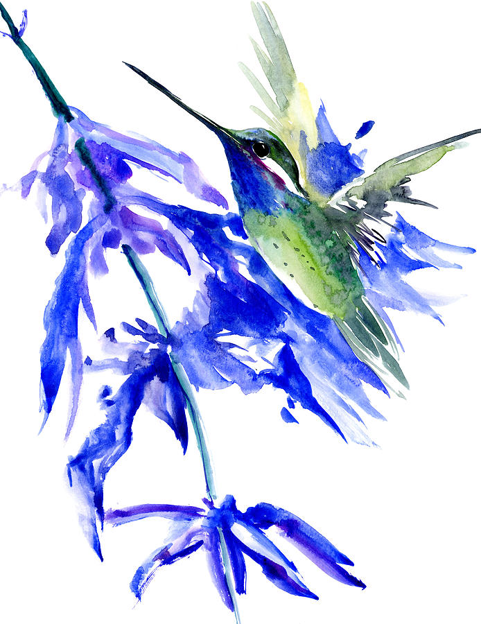 Hummingbird Flying in Blue Painting by Suren Nersisyan