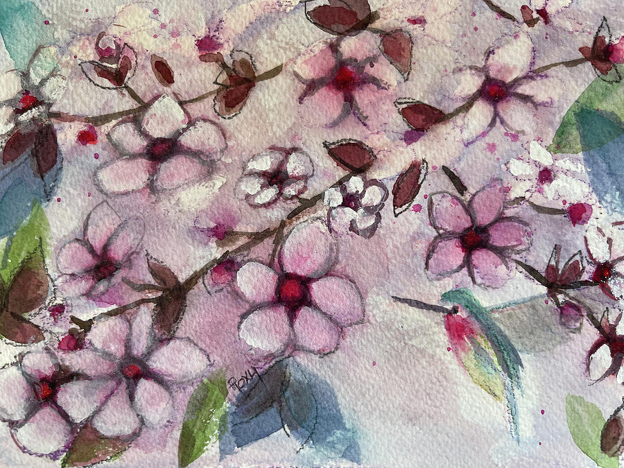 Hummingbird in Cherry Blossoms Painting by Roxy Rich