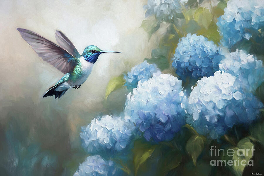Hummingbird In The Blue Hydrangeas Painting by Tina LeCour Hummingbird In The Blue Hydrangeas Painting by Tina LeCour
