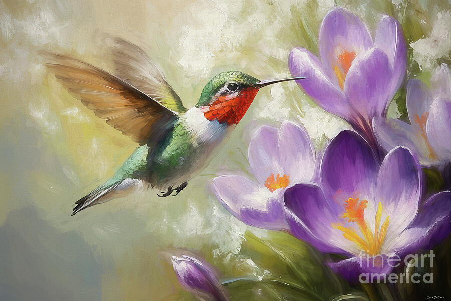 Hummingbird In The Crocus Painting by Tina LeCour Hummingbird In The Crocus Painting by Tina LeCour