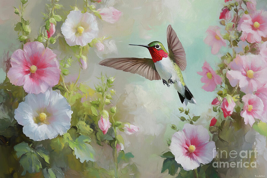 Hummingbird In The Hollyhock 4 Painting by Tina LeCour Hummingbird In The Hollyhock 4 Painting by Tina LeCour