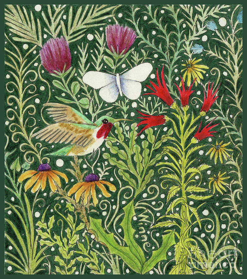 Hummingbird in the Millefleurs with its Muse Painting by Lise Winne