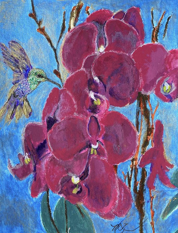 Hummingbird in the Orchids Painting by Melody Fowler