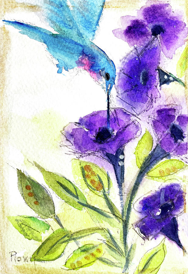Hummingbird in the Purple Flowers Painting by Roxy Rich