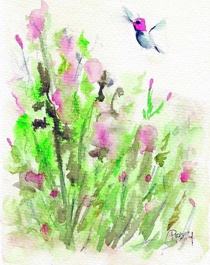 Hummingbird in the Red Salvia Painting by Roxy Rich