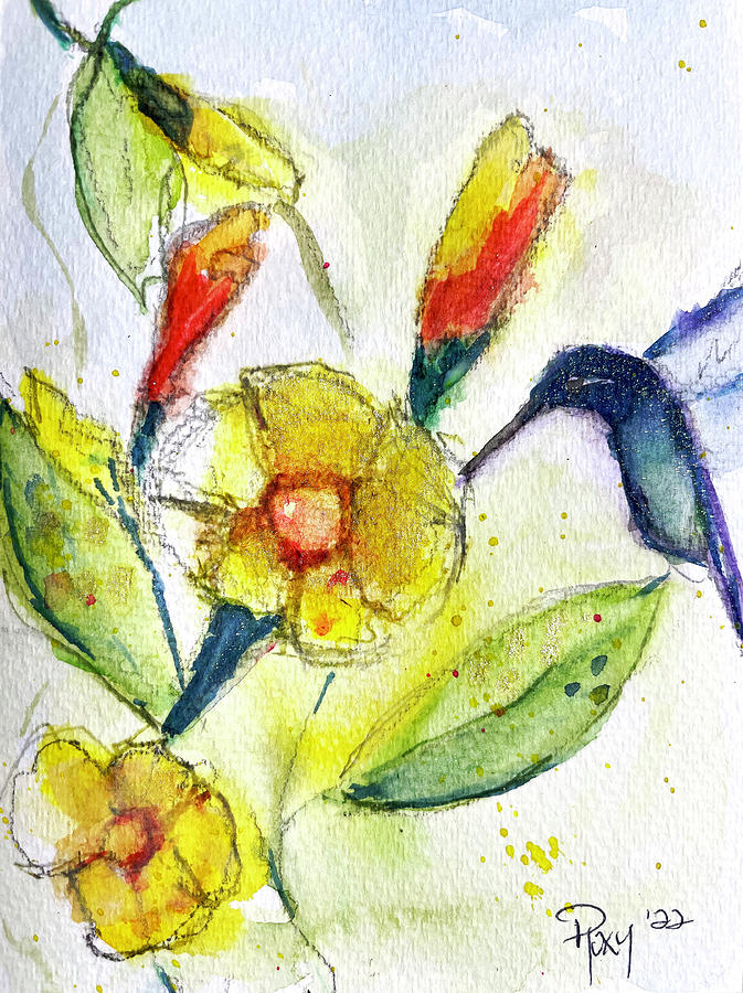 Hummingbird in the Tube Flowers Painting by Roxy Rich