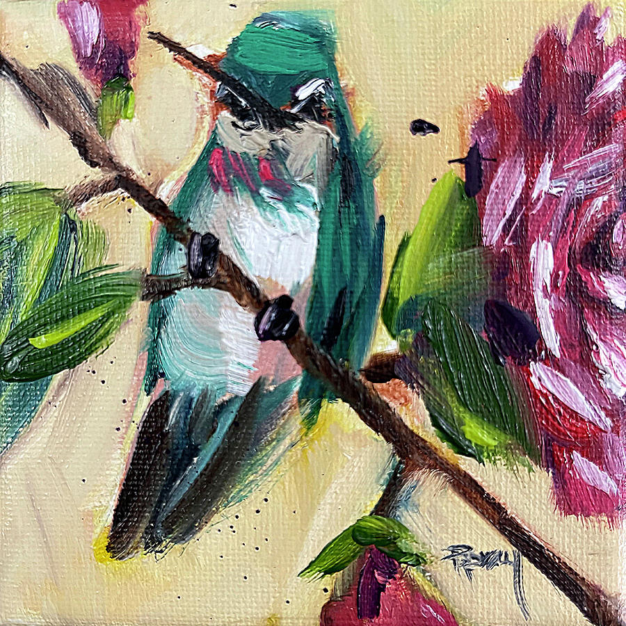 Hummingbird on a Rose Bush Painting by Roxy Rich
