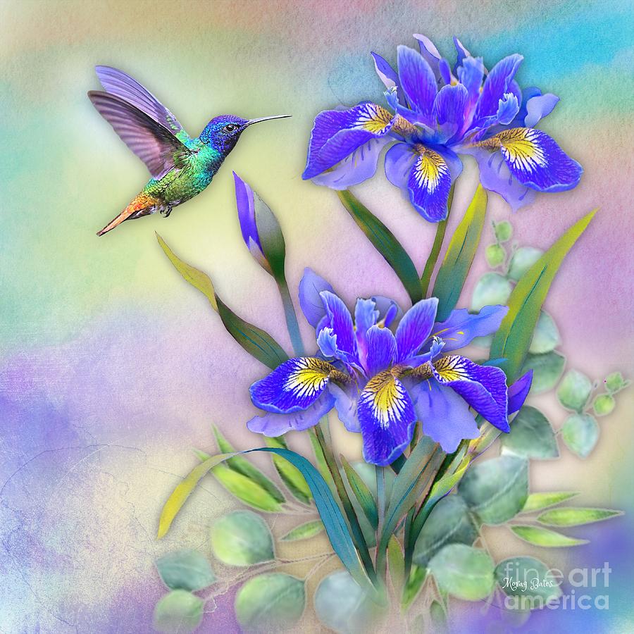 Hummingbird on Blue Iris Digital Art by Morag Bates
