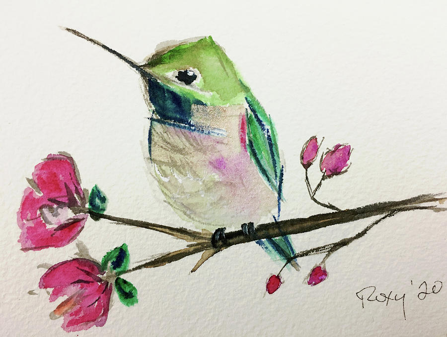 Hummingbird on Cherry Blossoms Painting by Roxy Rich