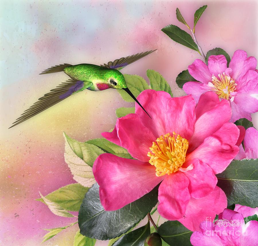 Hummingbird on Pink Gardenia Digital Art by Morag Bates