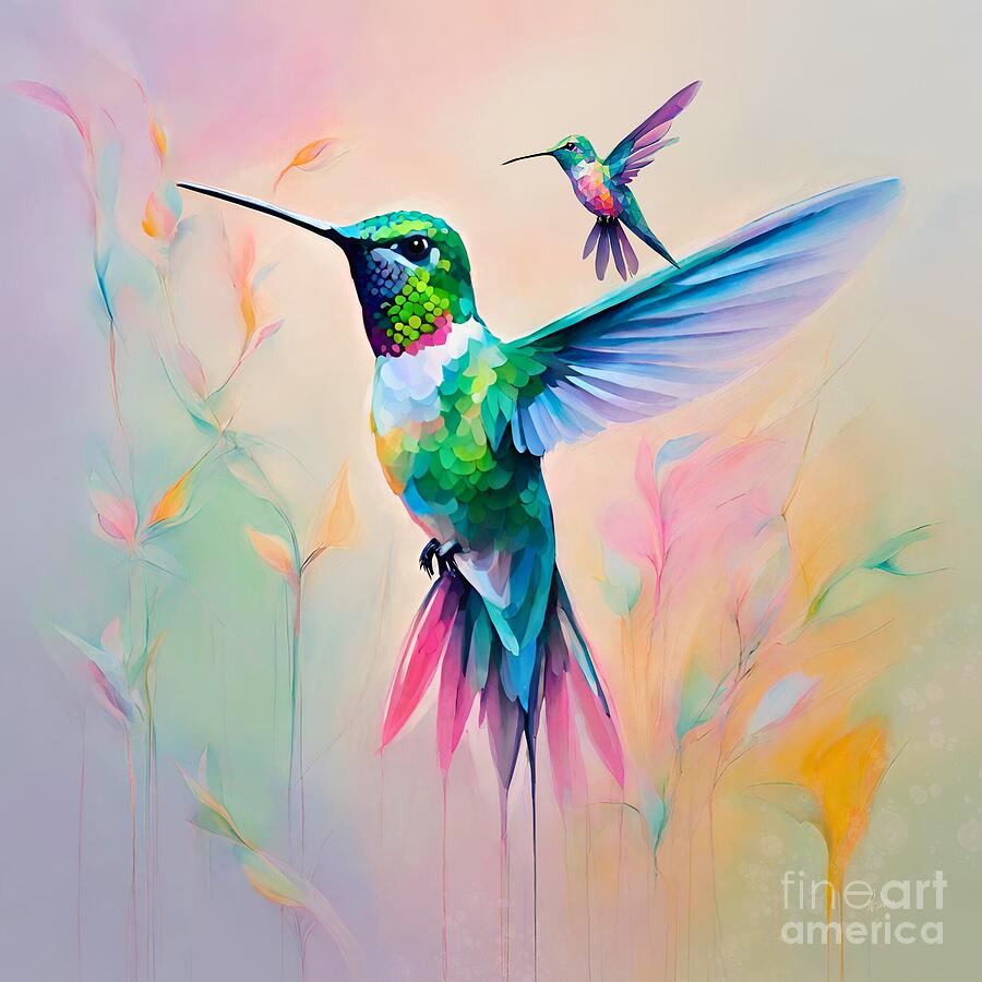 Feather Mixed Media - Hummingbird, Pastel Colours, Abstract Art by Aesha Mohamed