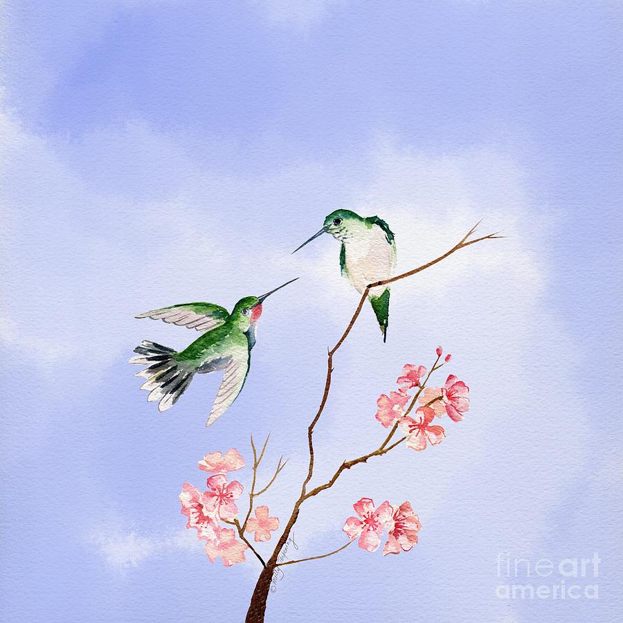 Hummingbird Painting - Hummingbird Romance 3 On Blue Sky Background  by Melly Terpening